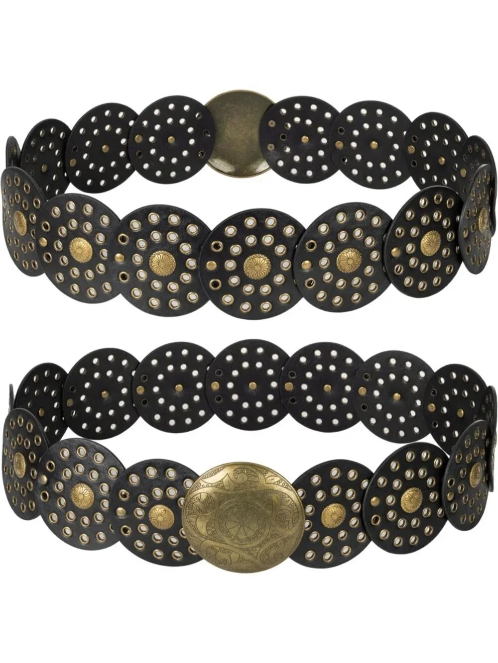 Women Black & Gold Wide Western Disc Belt Cowgirl Boho-Concho Leather Belt